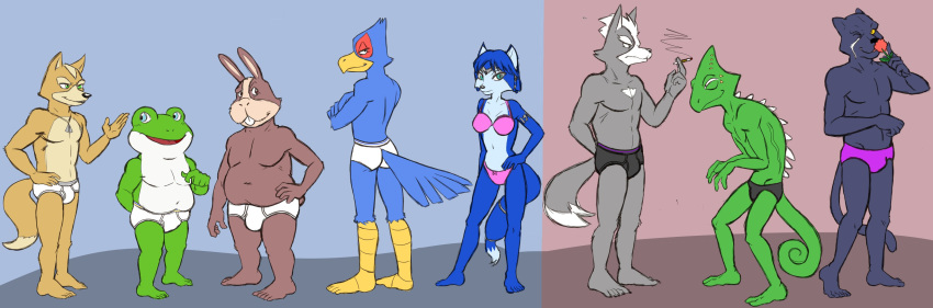 absurd_res amphibian anthro bikini_briefs black_clothing black_underwear blue_eyes bra briefs brown_eyes bulge butt canid canine canis chameleon cigarette clothing falco_lombardi felid female fox fox_mccloud frog green_eyes group hand_on_hip hi_res krystal lagomorph leon_powalski leporid lizard male mammal nintendo open_mouth panther_caruso pantherine panties peppy_hare pink_bra pink_clothing pink_panties pink_underwear purple_clothing purple_underwear rabbit reptile rose_(disambiguation) scalie scar shadow slippy_toad smile smoking sniffing star_fox teeth_showing thegreatmatsutzu tighty_whities tongue_showing underwear video_games white_clothing white_underwear wolf wolf_o'donnell yellow_sclera