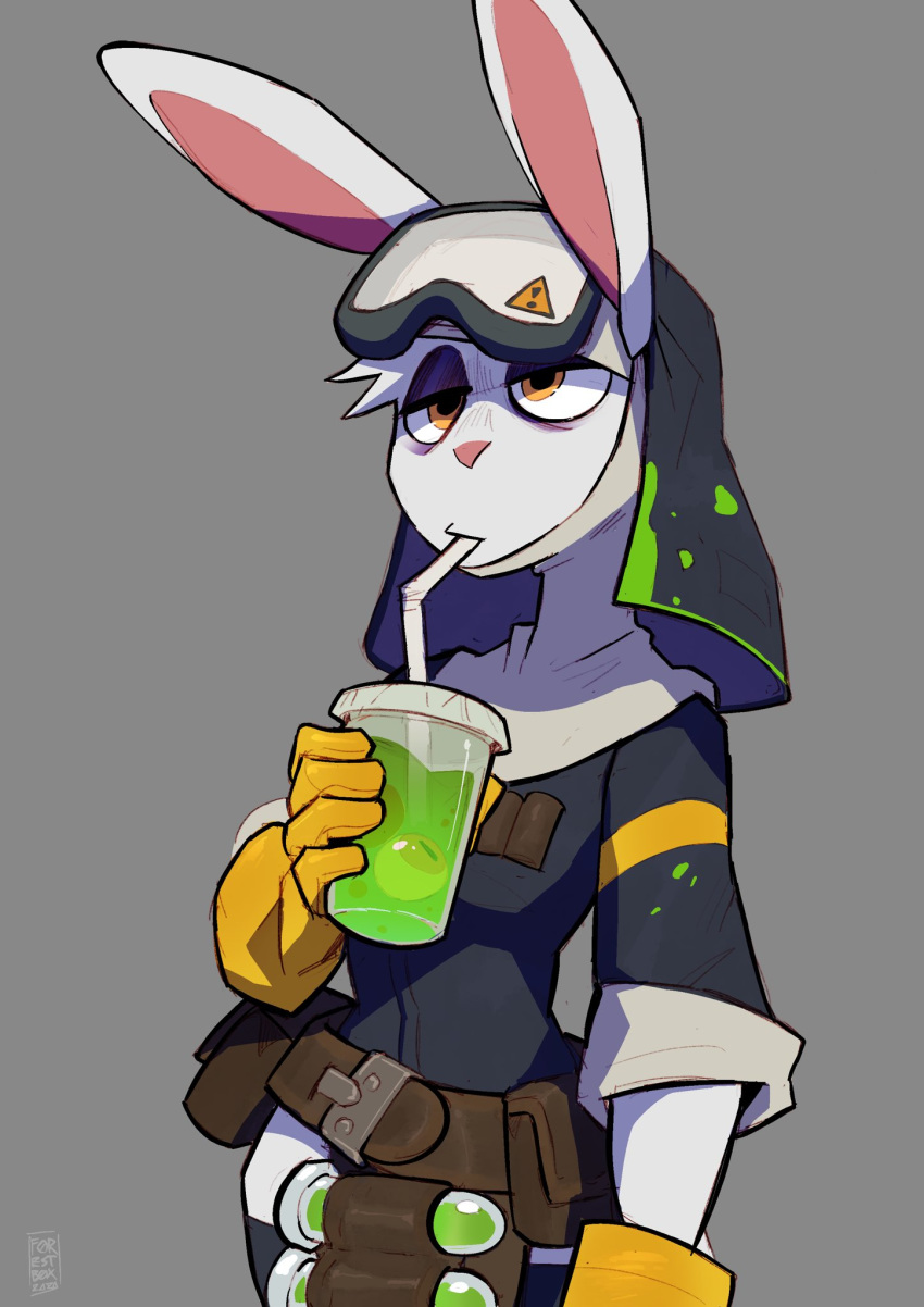 anthro cup eyeball eyewear female foretbwat goggles hi_res lagomorph leporid mammal nun rabbit slime sludge solo straw vials yellow_eyes