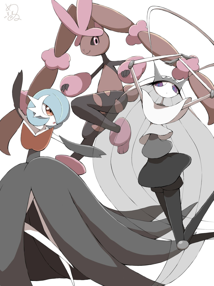 :o alternate_color arms_up black_sclera closed_mouth commentary gardevoir gen_3_pokemon gen_4_pokemon gen_7_pokemon highres jahana_mei looking_at_viewer lopunny mega_gardevoir mega_lopunny mega_pokemon paws pheromosa pink_eyes pokemon pokemon_(creature) purple_eyes shiny_pokemon signature smile toes ultra_beast white_background