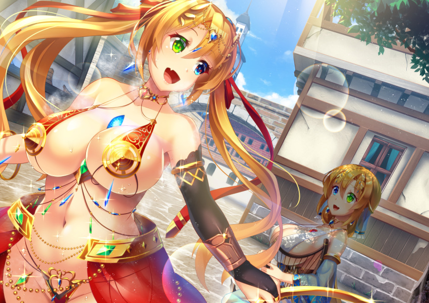 2girls :d armlet bangs bare_shoulders belly_chain bikini blonde_hair blue_eyes blue_sky blush bracelet breasts cleavage cloud collarbone commentary_request dancer day earrings eyebrows_visible_through_hair fang gem glint gold_choker green_eyes groin hair_between_eyes harem_outfit harp head_chain heterochromia instrument jewelry large_breasts lens_flare long_hair looking_at_another low_ponytail luupechi midriff multiple_girls navel nipple_shield open_mouth original outdoors red_bikini revealing_clothes sapphire_(gemstone) siblings sideboob sidelocks single_bridal_gauntlet sisters sitting skin_fang sky smile sparkle standing sunlight sweat swimsuit town tree tree_shade twins twintails underboob upper_body very_long_hair waist_cape yuki_(luupechi) yuri_(luupechi)