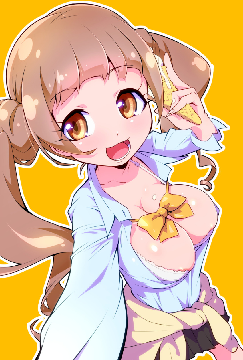 1girl areola_slip areolae bangs black_skirt blue_shirt bow bowtie bra breasts brown_cardigan brown_eyes brown_hair cardigan cardigan_around_waist cleavage clothes_around_waist collarbone collared_shirt commentary_request dress_shirt eyebrows_visible_through_hair food gyaru healin'_good_precure highres hiramitsu_hinata ice_cream ice_cream_cone large_breasts long_hair long_sleeves looking_at_viewer open_mouth outline pleated_skirt precure reaching_out ryuuta_(cure_ryuuta) self_shot shirt simple_background skirt smile soft_serve solo twintails unbuttoned unbuttoned_shirt underwear white_bra white_outline yellow_background yellow_bow yellow_neckwear