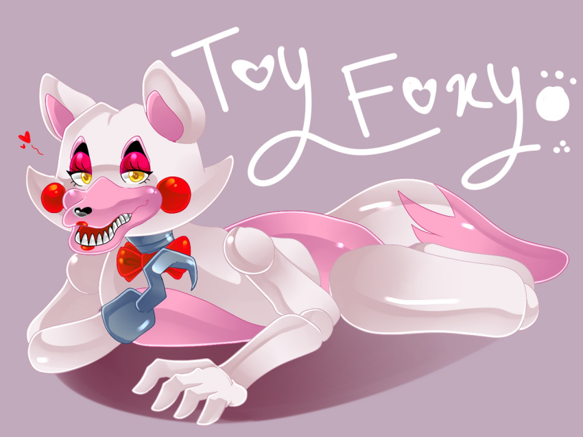 &lt;3 4:3 animatronic anthro bow_tie canid canine dipstick_tail e-c98 english_text five_nights_at_freddy's five_nights_at_freddy's_2 fox girly glistening glistening_body hook_hand lipstick looking_at_viewer lying machine makeup male mammal mangle_(fnaf) multicolored_body multicolored_tail on_front open_mouth open_smile pink_body red_cheeks robot seductive sharp_teeth smile solo teeth text video_games white_body yellow_eyes