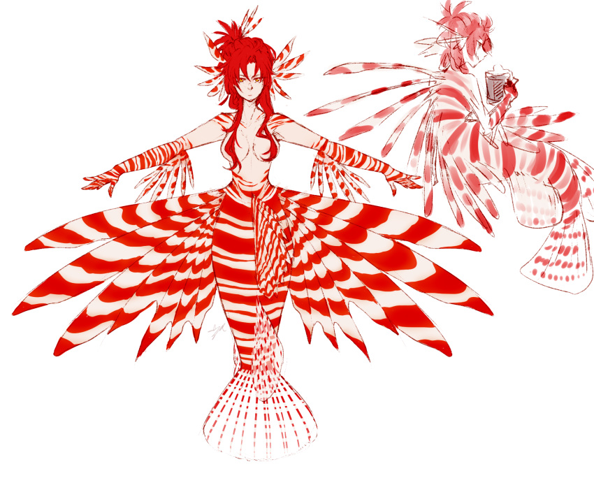 1girl breasts breasts_apart character_sheet closed_mouth cloud_ya colored_skin expressionless fins full_body highres honkai_(series) honkai_impact_3rd lionfish long_hair looking_at_viewer mermaid monster_girl monsterification multiple_views murata_himeko red_hair sidelocks simple_background sketch white_background white_skin yellow_eyes