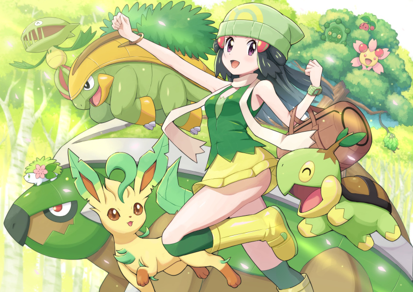 1girl absurdres alternate_color ass bag beanie black_hair boots bracelet bronzor brown_bag carnivine cherrim cherrim_(sunshine) cherubi clenched_hands commentary_request dawn_(pokemon) duffel_bag eyelashes gen_4_pokemon green_headwear green_legwear green_shirt grotle hair_ornament hairclip hat highres jewelry leafeon long_hair mythical_pokemon open_mouth over-kneehighs pokemoa pokemon pokemon_(creature) pokemon_(game) pokemon_dppt pokemon_masters_ex purple_eyes scarf shaymin shaymin_(land) shirt skirt sleeveless sleeveless_shirt smile thighhighs tongue torterra tree turtwig white_scarf yellow_footwear yellow_skirt