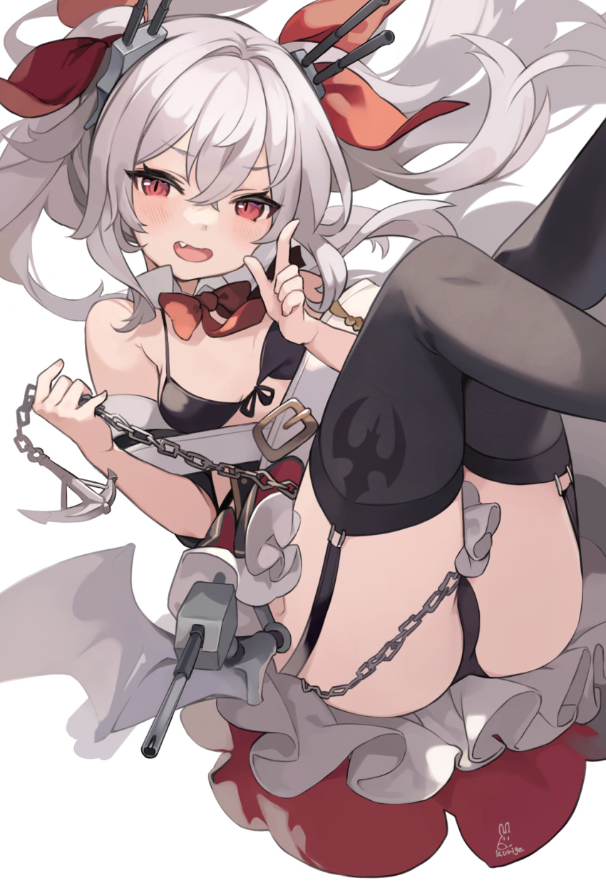 1girl :d anchor ass azur_lane bat_wings belt bikini bikini_top black_bikini black_legwear black_panties blush bow bowtie chain detached_collar eyebrows_visible_through_hair fang floating_hair frilled_skirt frills front-tie_bikini front-tie_top garter_straps hair_between_eyes hair_intakes hair_ribbon highres holding holding_chain index_finger_raised kurige_horse legs_up long_hair looking_at_viewer machinery open_mouth panties pantyshot pointing red_eyes red_neckwear revision ribbon signature simple_background skirt smile solo swimsuit thighhighs turret twintails underwear upskirt vampire_(azur_lane) white_background white_hair wings