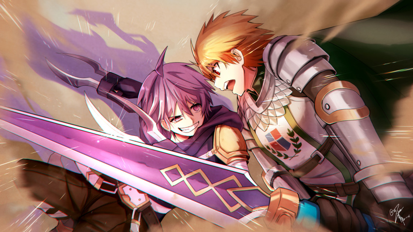 2boys ahoge armor assassin_(ragnarok_online) bangs black_gloves black_pants blocking brown_hair cape chainmail clenched_teeth commentary_request cowboy_shot dagger emblem fighting gauntlets gloves goditsuka green_cape hair_between_eyes highres holding holding_dagger holding_sword holding_weapon jamadhar knight_(ragnarok_online) looking_at_another male_focus multiple_boys open_mouth pants pauldrons purple_cape purple_eyes purple_hair purple_shirt ragnarok_online ragnarok_x:_next_generation red_eyes shirt short_hair shoulder_armor signature sword tabard teeth torn_cape torn_clothes uneven_eyes waist_cape weapon