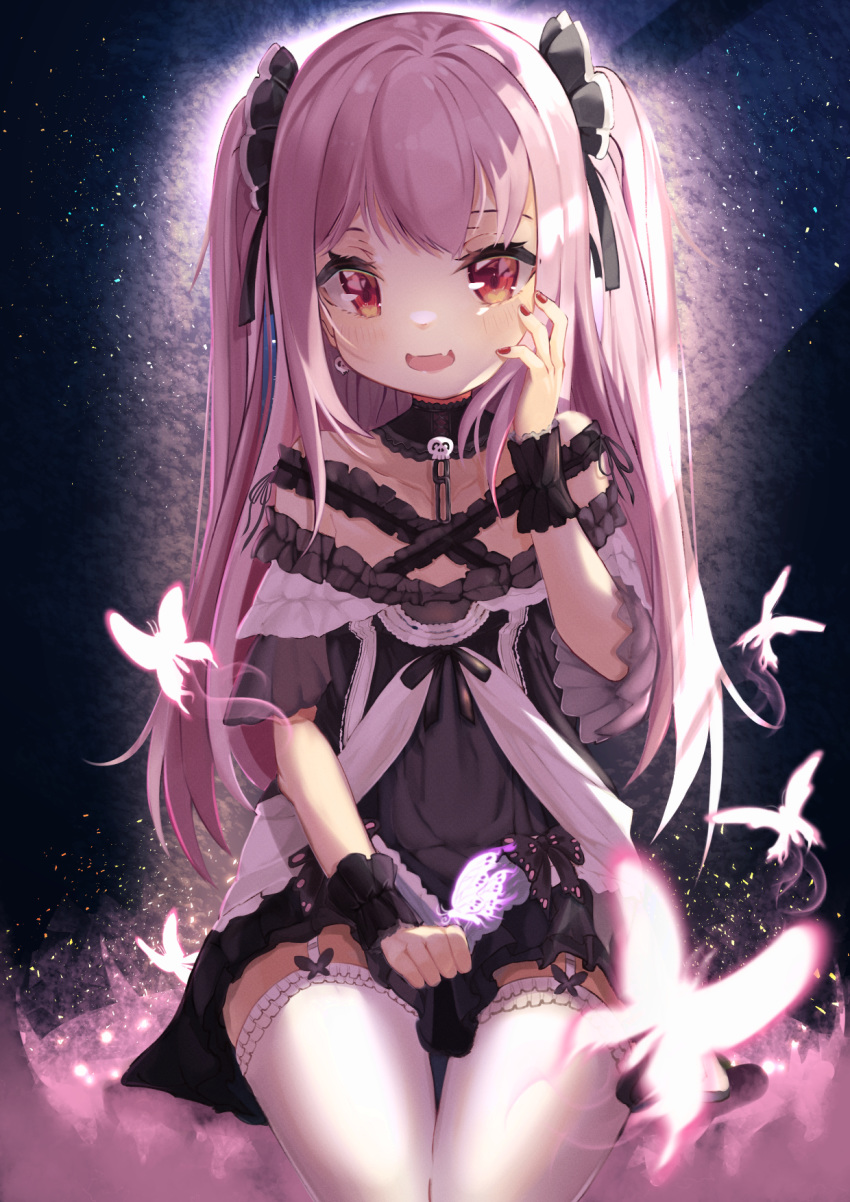 1girl :d amaton707 bangs bare_shoulders black_dress blush bug butterfly dress eyebrows_behind_hair fangs frilled_dress frilled_legwear frills garter_straps hand_up highres hololive insect long_hair looking_at_viewer nail_polish off-shoulder_dress off_shoulder open_mouth pink_hair red_eyes red_nails see-through short_sleeves sitting smile solo thighhighs two_side_up uruha_rushia very_long_hair virtual_youtuber white_legwear wrist_cuffs