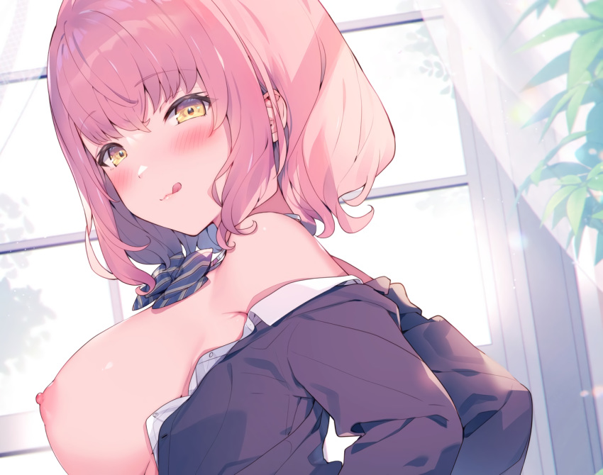 blush breasts cat_smile close cropped cut_(bu-kunn) nipples no_bra open_shirt original pink_hair school_uniform short_hair waifu2x yellow_eyes