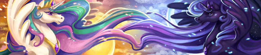 celestia_(my_little_pony) closed_mouth commentary english_commentary eye_contact horns long_image looking_at_another luna_(my_little_pony) my_little_pony my_little_pony_friendship_is_magic no_humans realistic single_horn smile sunset_dragon wide_image winged_unicorn