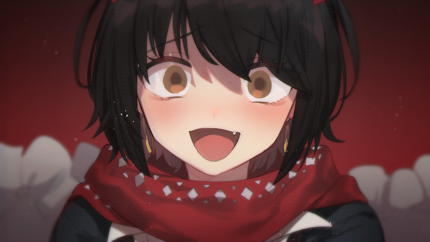 1girl :d black_hair blue_shirt blush brown_eyes close-up dot_nose earrings eyebrows_visible_through_hair eyes_visible_through_hair fang hair_ornament happy highres jewelry looking_at_viewer manio mashiro_(nijisanji) nijisanji open_mouth patterned_clothing portrait red_background red_scarf scarf shirt short_hair smile solo virtual_youtuber