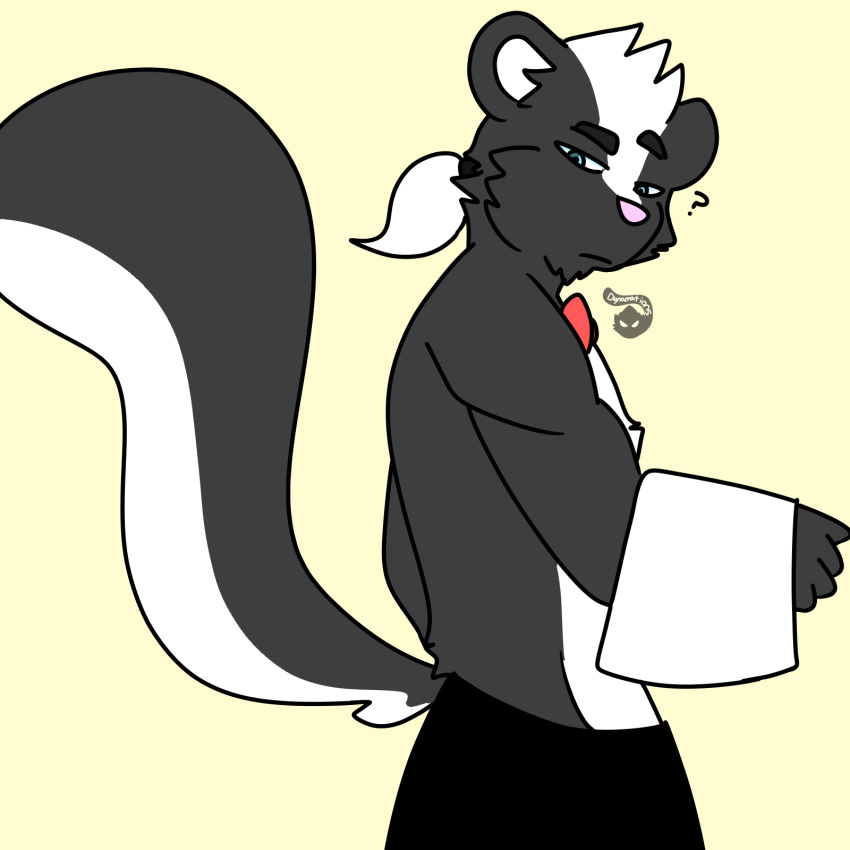 anthro butler confusion dynamations hi_res invalid_tag male mammal mephitid pose rodent skunk solo