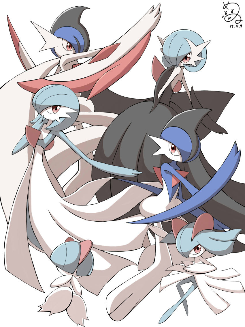 absurdres alternate_color colored_skin commentary_request dated gallade gardevoir gen_3_pokemon gen_4_pokemon hand_up highres jahana_mei kirlia mega_gallade mega_gardevoir mega_pokemon outstretched_arm pokemon pokemon_(creature) ralts red_eyes shiny_pokemon signature simple_background white_background white_skin