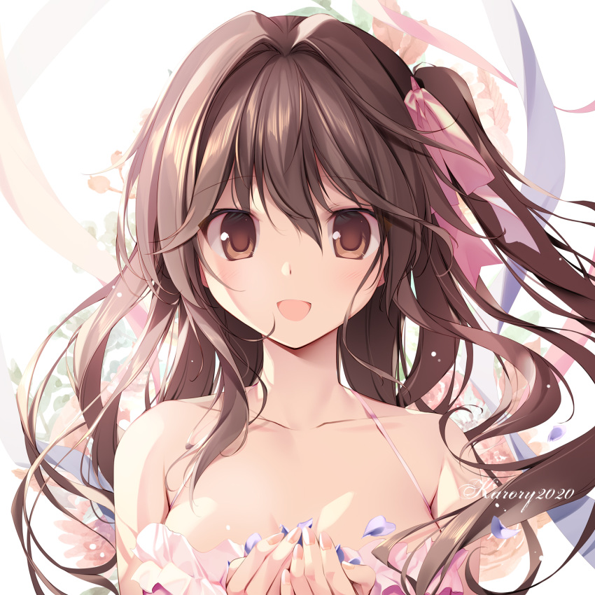 1girl :d artist_name bangs bare_shoulders blush breasts brown_eyes brown_hair cleavage collarbone commentary_request cupping_hands eyebrows_visible_through_hair fingernails flat_chest floral_background hair_between_eyes hair_intakes hair_ribbon highres karory long_fingernails long_hair looking_at_viewer medium_breasts one_side_up open_mouth original pink_ribbon ribbon sleeveless smile solo upper_body