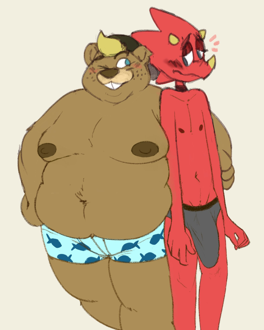 animal_crossing anthro beaver belly blonde_hair blue_eyes blush boxers_(clothing) briefs bulge c.j._(animal_crossing) chameleon clothing duo flick_(animal_crossing) hair hi_res lizard male male/male mammal moobs navel nintendo nipples obese one_eye_closed overweight overweight_male reptile rodent scalie sosososleazy underwear video_games wink