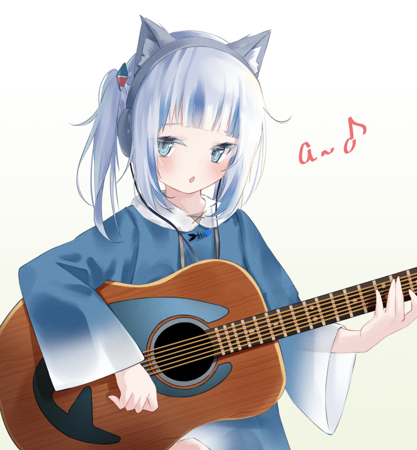 1girl :o a acoustic_guitar animal_costume bangs blue_eyes blue_hair blunt_bangs blush cat_ear_headphones commentary english_text gawr_gura guitar hair_ornament headphones highres holding holding_instrument hololive hololive_english hood hood_down instrument long_sleeves looking_at_viewer multicolored_hair shark_costume shark_girl shark_hair_ornament solo streaked_hair two_side_up virtual_youtuber white_background white_hair wide_sleeves yuzuno_kaori