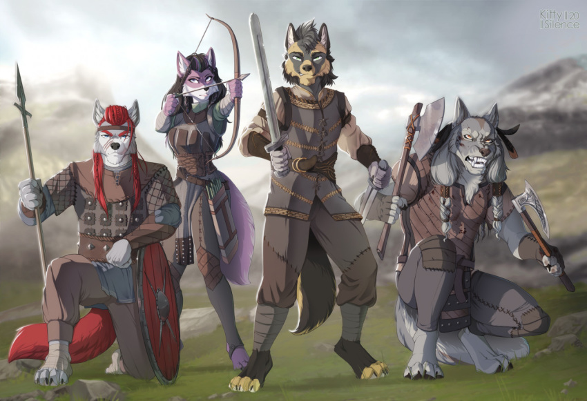 2020 5_fingers anthro arrow axe bow breasts canid canine canis clothed clothing day detailed_background digital_media_(artwork) female fingers holding_object holding_sword holding_weapon kittysilence male mammal melee_weapon outside polearm sky spear sword weapon wolf