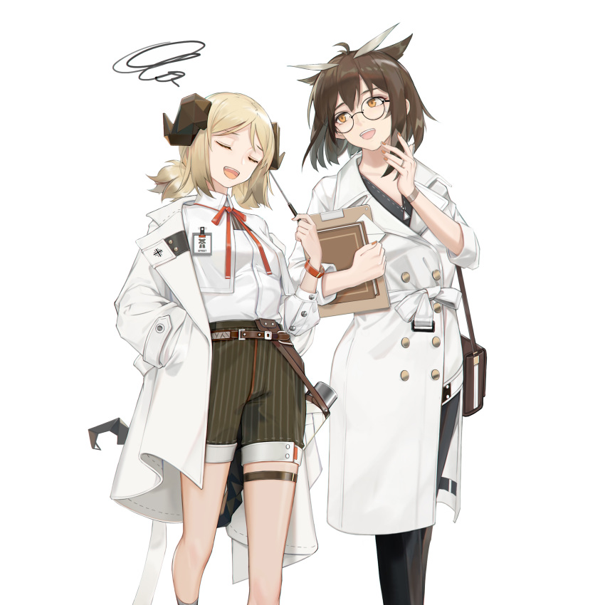 2girls :d absurdres ahoge arknights belt black_legwear blonde_hair brown_hair brown_shorts buttons chinese_commentary cjmy clipboard closed_eyes coat demon_horns demon_tail feather_hair feet_out_of_frame glasses hand_in_pocket hand_up highres holding holding_clipboard holding_pointer horns id_card ifrit_(arknights) labcoat looking_at_another low_twintails multiple_girls nail_polish open_clothes open_coat open_mouth orange_nails owl_ears pointer sash shirt short_hair short_twintails shorts silence_(arknights) simple_background sleeves_rolled_up smile socks squiggle standing tail teeth thigh_strap twintails white_background white_coat white_shirt wristband yellow_eyes