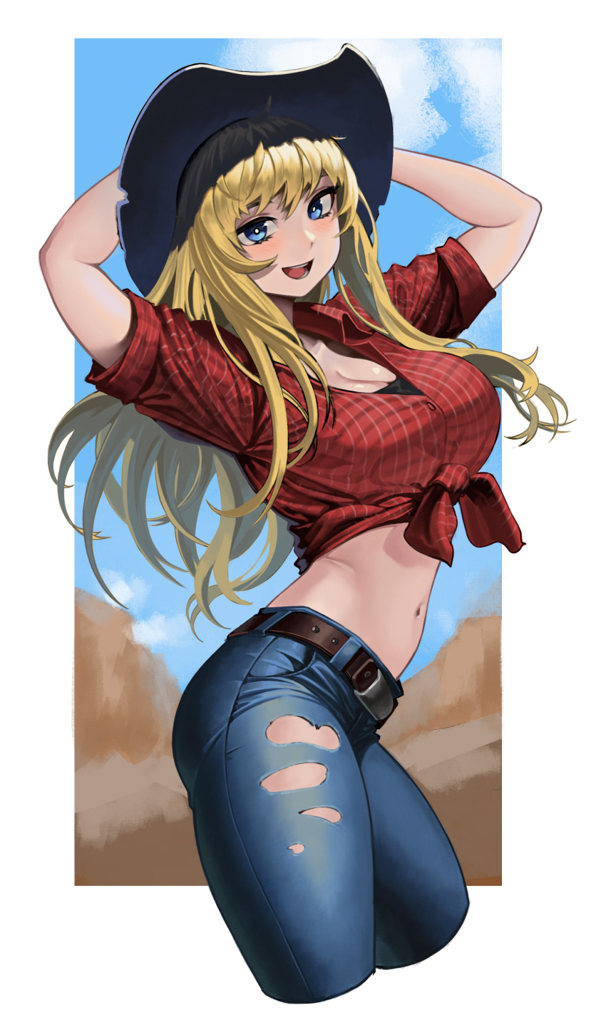 1girl :d absurdres belt belt_buckle blonde_hair blue_eyes blue_legwear border breasts brown_belt buckle character_request cleavage commentary_request copyright_request cowboy_hat cropped_legs denim geminingen hair_over_shoulder hat highres jeans korean_commentary large_breasts leather_belt long_hair looking_at_viewer navel open_mouth pants red_shirt shirt short_sleeves smile solo stomach thighs tied_shirt torn_clothes torn_pants western white_border