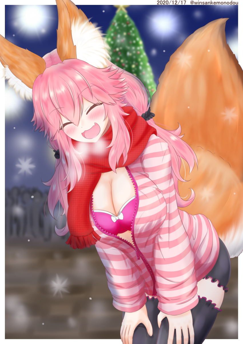 1girl animal_ear_fluff animal_ears artist_request black_legwear bra breasts christmas christmas_lights christmas_ornaments christmas_tree cleavage closed_eyes eyebrows_visible_through_hair fang fate/extella fate/extra fate/extra_ccc fate/grand_order fate_(series) fox_ears fox_girl fox_tail highres large_breasts open_clothes open_mouth open_shirt outdoors pink_bra pink_hair skin_fang snow solo tail tamamo_(fate)_(all) tamamo_no_mae_(fate) underwear