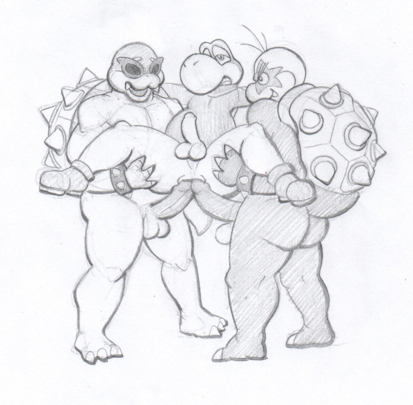 anal anthro anus balls butt double_penetration erection eyewear genitals group group_sex hi_res koopaling male male/male male_penetrated male_penetrating mario_bros morton_koopa_jr. mylakovich nintendo penetration penis roy_koopa sex shell spiked_shell spikes spikes_(anatomy) sunglasses threesome traditional_media_(artwork) video_games yoshi