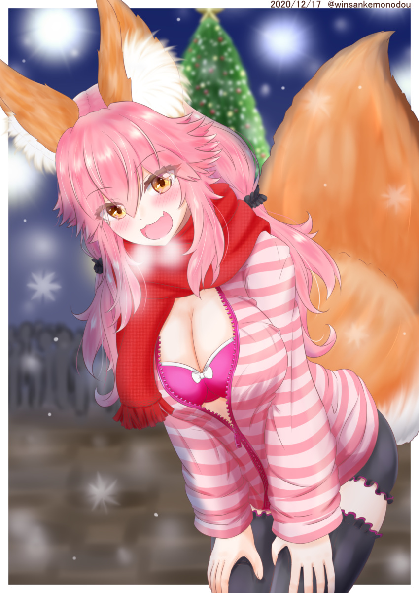 1girl animal_ear_fluff animal_ears artist_request black_legwear blush bra breasts christmas christmas_lights christmas_ornaments christmas_tree cleavage eyebrows_visible_through_hair fang fate/extella fate/extra fate/extra_ccc fate/grand_order fate_(series) fox_ears fox_girl fox_tail highres large_breasts open_clothes open_mouth open_shirt outdoors pink_bra pink_hair skin_fang snow solo tail tamamo_(fate)_(all) tamamo_no_mae_(fate) underwear yellow_eyes