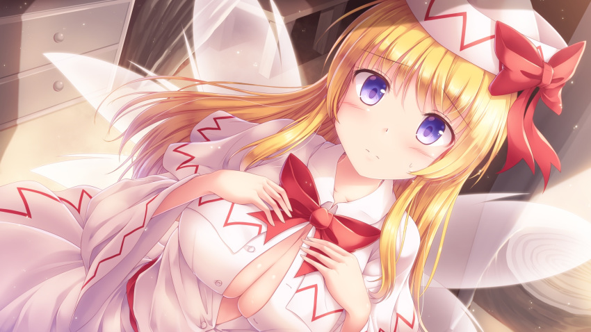 1girl bangs blonde_hair breasts buttons capelet commentary_request dutch_angle eyebrows_visible_through_hair fairy_wings hands_on_own_chest hat highres indoors large_breasts lily_white long_hair long_sleeves looking_at_viewer lzh open_clothes open_shirt partially_unbuttoned purple_eyes shirt solo touhou white_shirt wide_sleeves wings