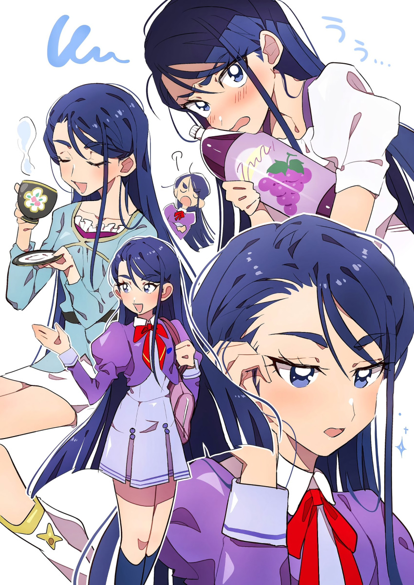 5girls absurdres blue_eyes blue_hair blush closed_eyes drinking eyelashes grgrton happy highres juliet_sleeves l'ecole_des_cinq_lumieres_school_uniform long_hair long_sleeves looking_at_viewer minazuki_karen multiple_girls multiple_persona open_mouth precure puffy_long_sleeves puffy_sleeves ribbon school_uniform simple_background smile socks white_background yes!_precure_5 yes!_precure_5_gogo!
