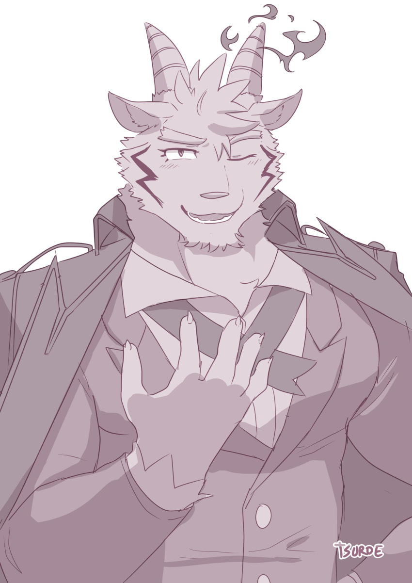 anthro blush bovid caprine chuurow clothing goat hi_res horn male mammal mephistopheles_(tas) muscular muscular_anthro muscular_male one_eye_closed solo suit tokyo_afterschool_summoners video_games wink