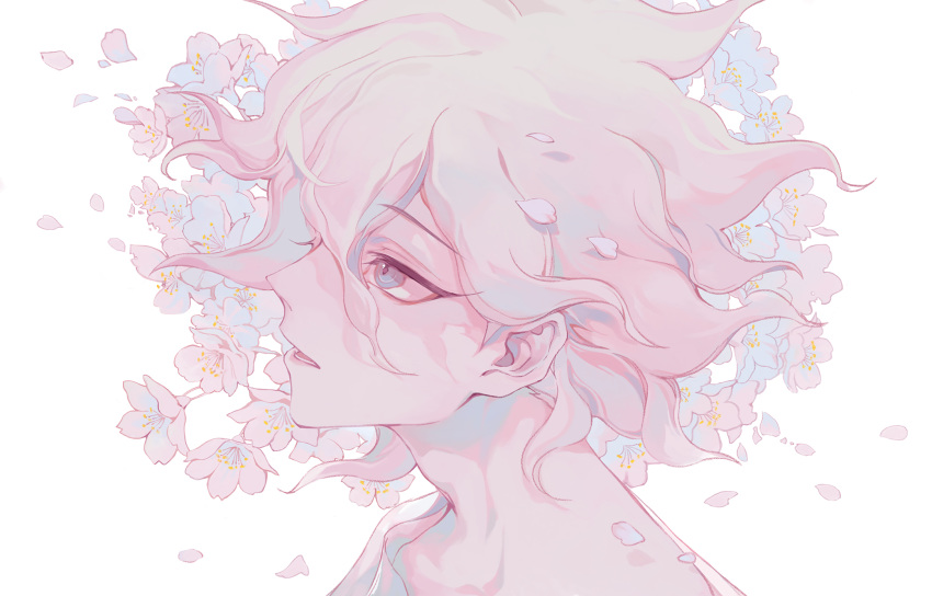 1boy bangs cherry_blossoms commentary_request danganronpa_(series) danganronpa_2:_goodbye_despair face flower from_side grey_eyes hair_between_eyes head highres komaeda_nagito looking_up lower_teeth male_focus messy_hair open_mouth petals pink_flower portrait profile shirt solo white_background white_shirt xiwang_xintu