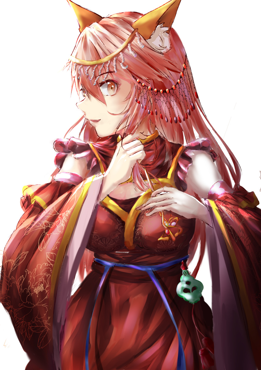 1girl absurdres animal_ear_fluff animal_ears breasts detached_sleeves eyebrows_visible_through_hair fate/grand_order fate_(series) floral_print fox_ears fox_girl hand_in_hair highres japanese_clothes large_breasts long_hair looking_at_viewer looking_to_the_side niaot open_mouth pink_hair simple_background solo tamamo_(fate)_(all) tamamo_no_mae_(fate) tiara white_background yellow_eyes