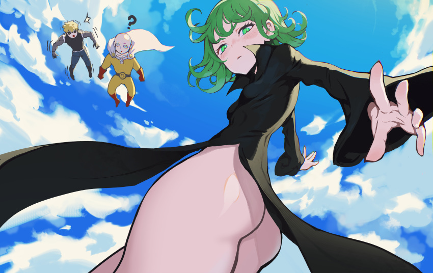 1girl 2boys 8bitgoblin8 ? absurdres ass ass_focus bald black_dress black_sclera blonde_hair blue_sky blush breasts cape chibi chibi_inset curly_hair cyborg day dress fingernails flipped_hair floating flying from_below genos gloves green_eyes green_hair highres jumpsuit levitation long_sleeves looking_at_viewer looking_back multiple_boys no_panties one-punch_man popped_collar red_gloves saitama_(one-punch_man) short_hair side_slit sky small_breasts solo solo_focus tatsumaki telekinesis thick_thighs thighs wide_sleeves yellow_jumpsuit