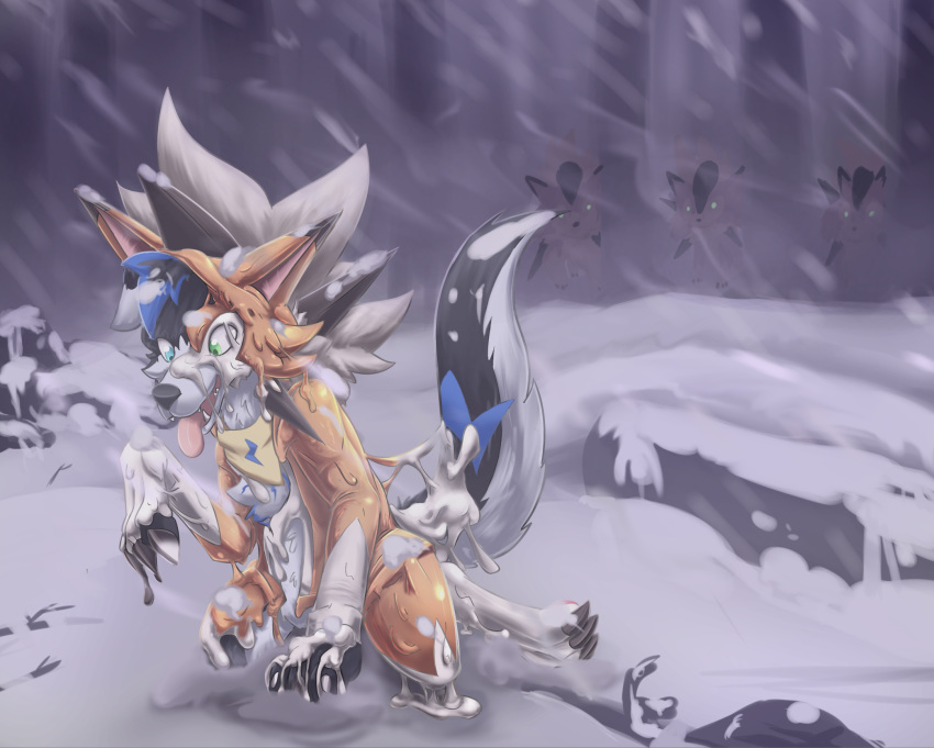 ambiguous_gender anthro_to_feral blue_eyes canid canine claws dusk_lycanroc fangs finger_claws goo_transformation green_eyes group hi_res lycanroc mammal mid_transformation nintendo open_mouth outside plant pok&eacute;mon pok&eacute;mon_(species) rock snow solo_focus species_transformation toe_claws tongue tongue_out toshabi transformation tree video_games