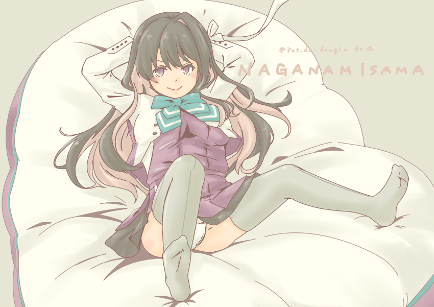 1girl black_hair blazer blouse boots bow bowtie breasts character_name cross-laced_footwear cushion dress fang gradient gradient_background grey_background grey_legwear hair_down hairband halterneck highres jacket kantai_collection lace-up_boots large_breasts long_hair looking_at_viewer multicolored_hair naganami_(kantai_collection) panties pantyshot pink_hair pleated_skirt pot-de remodel_(kantai_collection) shirt short_sleeves sitting skirt smile solo thighhighs two-tone_hair underwear wavy_hair white_blouse white_hairband white_panties white_shirt