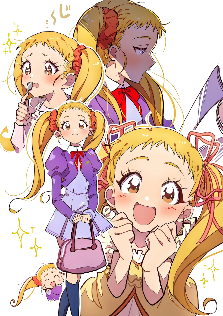 5girls absurdres blonde_hair blush eating eyelashes grgrton hair_ornament happy highres kasugano_urara_(yes!_precure_5) l'ecole_des_cinq_lumieres_school_uniform long_hair looking_at_viewer multiple_girls multiple_persona open_mouth precure ribbon school_uniform shoes simple_background smile socks spoon twintails white_background yellow_eyes yes!_precure_5 yes!_precure_5_gogo!