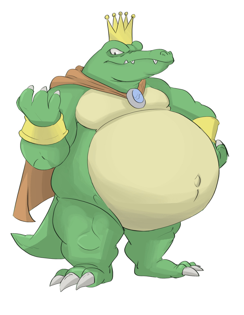 2020 absurd_res anthro belly big_belly canson cape claws clothing crocodilian crown donkey_kong_(series) fangs green_body green_skin hi_res jewelry king_k._rool kremling looking_at_viewer male navel nintendo outie_navel overweight overweight_anthro overweight_male plantigrade reptile scalie sharp_teeth simple_background solo teeth video_games white_background yellow_body yellow_skin