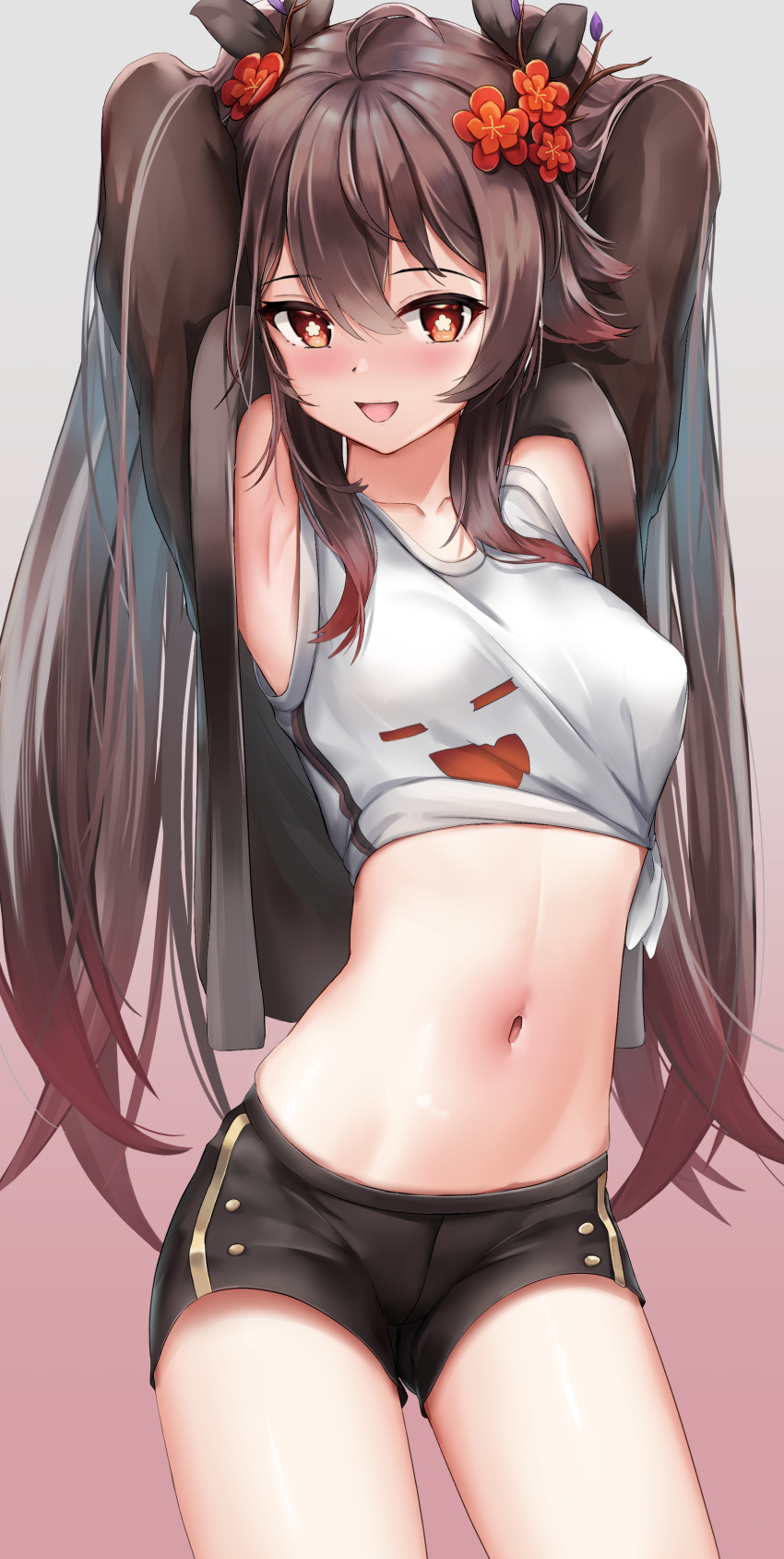 1girl :d absurdres ahoge armpits arms_behind_head arms_up black_shorts breasts brown_jacket collarbone covered_nipples cowboy_shot crop_top flower flower-shaped_pupils genshin_impact gradient_hair hair_flower hair_ornament hair_ribbon highres hu_tao_(genshin_impact) jacket long_hair long_sleeves looking_at_viewer medium_breasts midriff multicolored_hair navel open_clothes open_jacket ribbon shirt short_shorts shorts side-tie_shirt skai_kun sleeveless sleeveless_shirt smile solo standing stomach symbol-shaped_pupils thighs tied_shirt twintails very_long_hair white_shirt