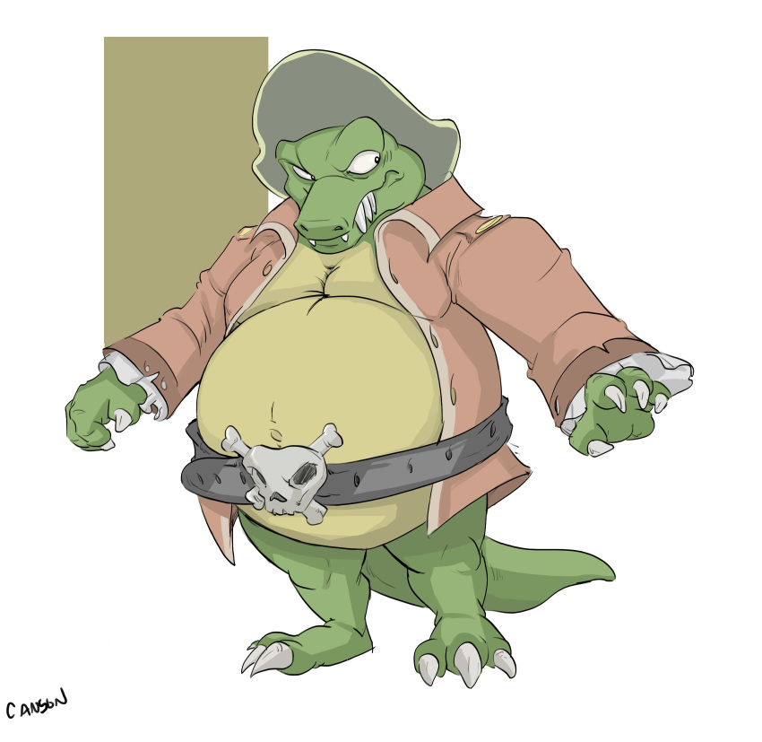 2020 absurd_res anthro belly belt big_belly canson claws clothing crocodilian donkey_kong_(series) green_body green_skin hi_res jacket jolly_roger king_k._rool kremling looking_back male navel nintendo outie_navel overweight overweight_anthro overweight_male pirate pirate_hat pirate_outfit plant reptile scalie sharp_teeth simple_background solo teeth topwear video_games yellow_body yellow_skin