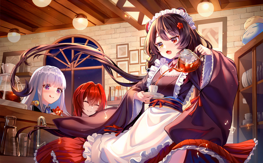 ange_katrina animal animal_ears bicolored_eyes bird blush brown_hair cat_smile doggirl drink food gray_hair headband ice_cream inui_toko lalazyt lize_helesta long_hair maid nijisanji purple_eyes red_hair waitress