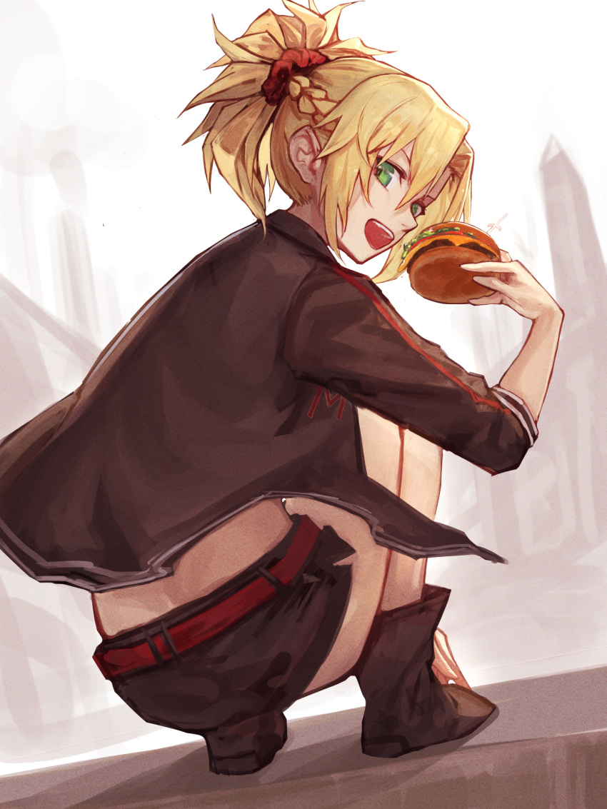 1girl aito alternate_costume bangs belt black_footwear black_jacket black_shorts blonde_hair braid commentary_request fate/grand_order fate_(series) food from_behind green_eyes hair_between_eyes hair_ornament hair_scrunchie hamburger highres holding holding_food jacket long_hair looking_at_viewer looking_back mordred_(fate) mordred_(fate)_(all) open_clothes open_jacket open_mouth ponytail red_belt red_scrunchie scrunchie shoes shorts sleeves_past_elbows solo squatting upper_teeth