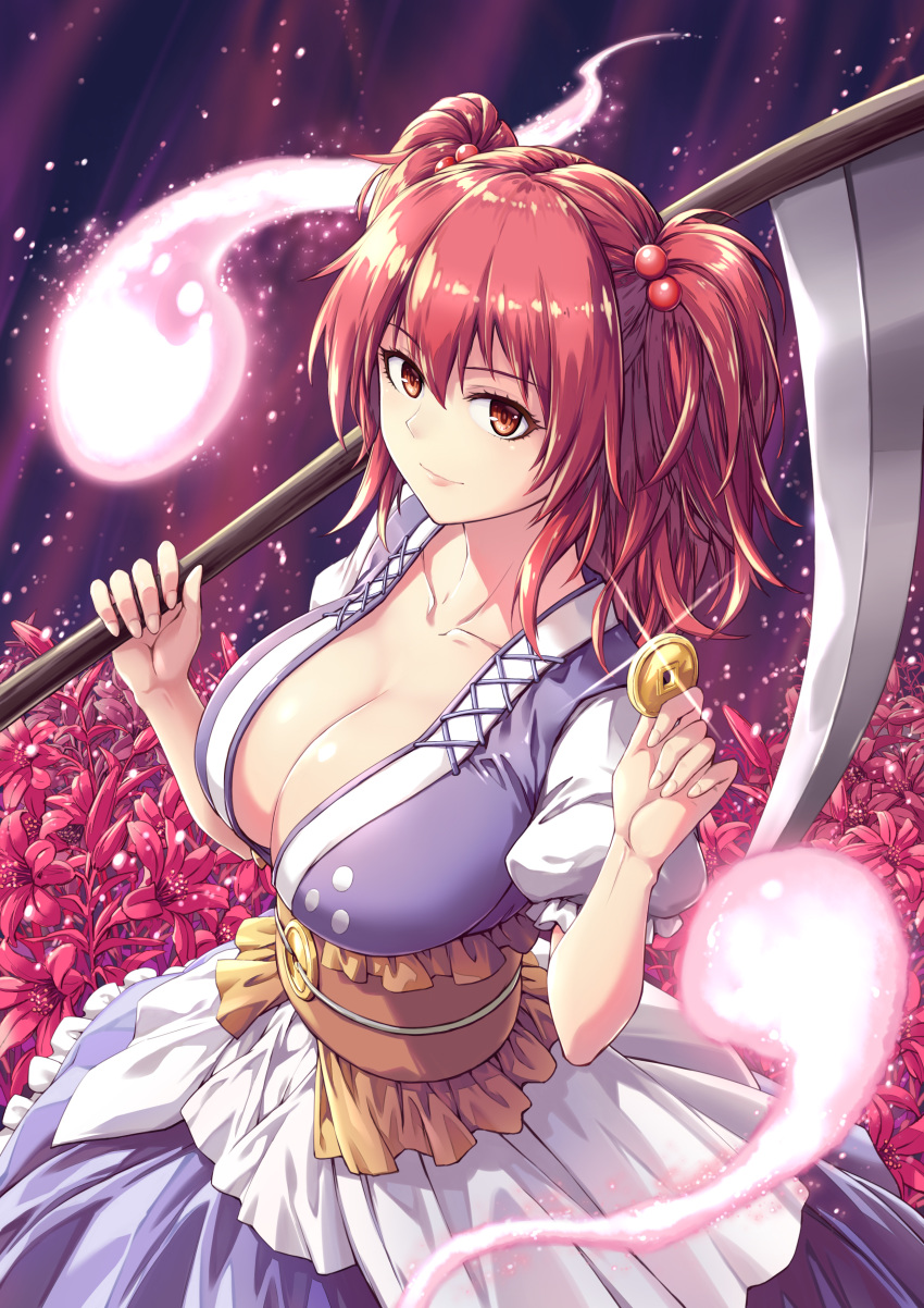1girl absurdres bangs breasts cleavage coin collarbone eyebrows_visible_through_hair fish.boy flower hair_bobbles hair_ornament highres hitodama holding holding_scythe large_breasts looking_at_viewer onozuka_komachi puffy_short_sleeves puffy_sleeves red_eyes red_hair scythe short_hair short_sleeves solo spider_lily touhou two_side_up