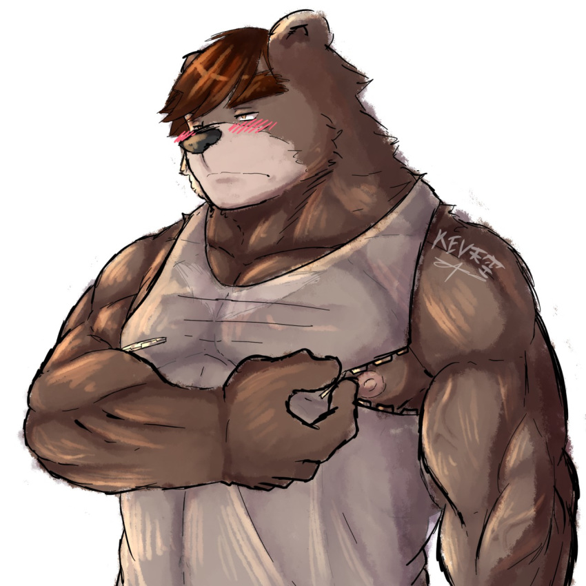 1:1 abs anthro arm_tuft arthropod_abdomen barazoku biceps black_nose blush brown_bear brown_body brown_eyebrows brown_fur brown_hair cheek_tuft clothing eyebrows facial_tuft fur fur_tuft grizzly_bear hair hi_res humanoid kemono kevinskylet111999 kevsky_draws male mammal meme meme_clothing muscular muscular_anthro muscular_male nipple_outline nipple_slip nipple_zipper nipples pecs shame shirt snout solo tank_top top_tank_meme topwear triceps tuft tufted_ears two_nipple_zippers ursid ursine yellow_eyes zipper