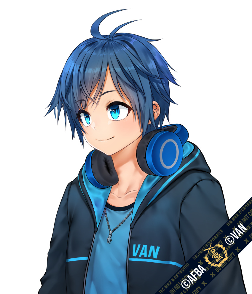 1boy absurdres afba bangs blue_eyes blue_hair blush closed_mouth collarbone commission ears english_commentary english_text eyebrows_visible_through_hair hair_between_eyes headphones headphones_around_neck highres hood hood_down hoodie jewelry looking_away necklace original short_hair short_sleeves simple_background smile white_background