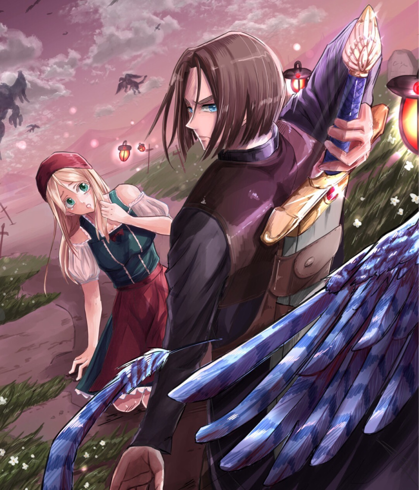 1boy arm_behind_back blonde_hair blue_eyes blue_feathers blue_wings closed_mouth cloud cloudy_sky dragon_quest dragon_quest_xi dress emma_(dq11) feathers flower flying glowing grass greatsword green_eyes hair_scarf hand_on_ground hand_on_weapon hero_(dq11) highres kutiduke001 long_hair looking_at_viewer looking_back monster mountain open_mouth serious sheath sheathed sky tombstone twilight weapon weapon_on_back wings