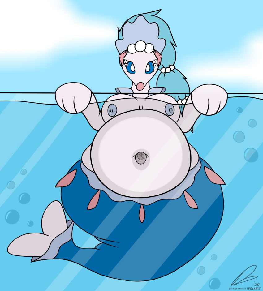 absurd_res blue_eyes blue_hair blue_nipples breasts bubble deep_navel detailed_navel dullpoint female feral gem hair hi_res looking_at_viewer navel nintendo nipples obese obese_female obese_feral overweight overweight_female overweight_feral partially_submerged pearl_(gem) pink_nose pok&eacute;mon pok&eacute;mon_(species) ponytail primarina simple_background solo solo_focus video_games water white_body white_eyelashes