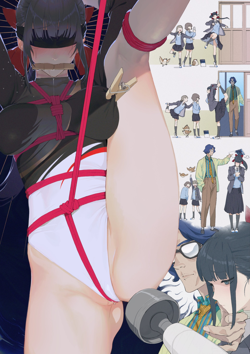 1boy 3girls absurdres ass bangs bdsm bird black_hair black_serafuku blindfold blue_hair blush bondage book bound breasts brown_hair closed_mouth clothes_pin drooling eyebrows_visible_through_hair glasses hair_ribbon hand_on_own_face highres holding large_breasts leg_lift leg_up long_hair long_sleeves multiple_girls original panties pleated_skirt pussy_juice red_ribbon ribbon rope saliva school_uniform serafuku sex_toy shitakirisuzu short_hair simple_background skirt sliding_doors smile split standing standing_on_one_leg standing_split sweater_vest teacher teacher_and_student thighs tied_up twintails underwear uniform vibrator white_background