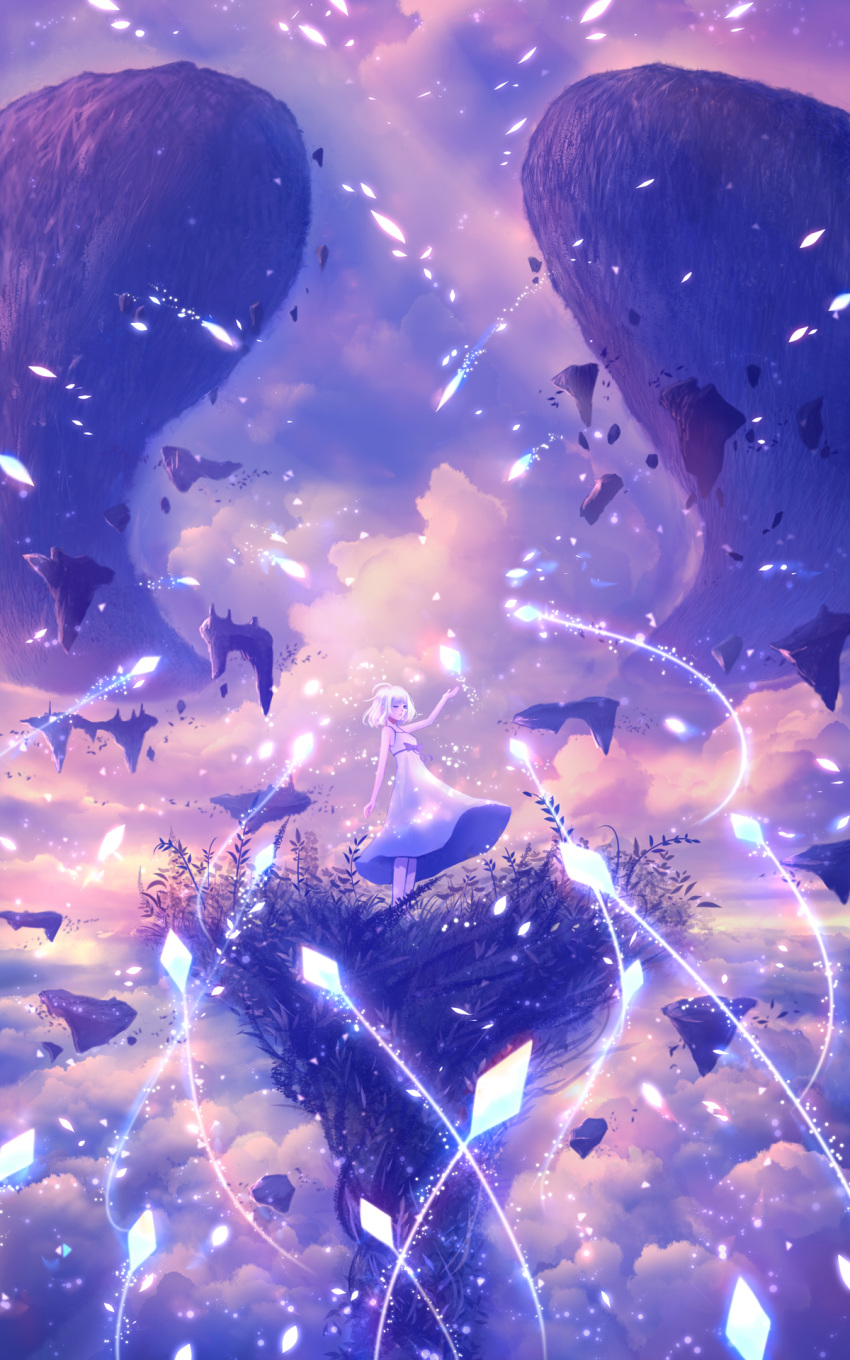 1girl ahoge arm_up cloud crystal dress fantasy floating_island hand_up highres horizon light_particles light_rays one_eye_closed original purple_theme ribbon sakimori_(hououbds) scenery short_hair silver_hair sky sleeveless sleeveless_dress solo wind