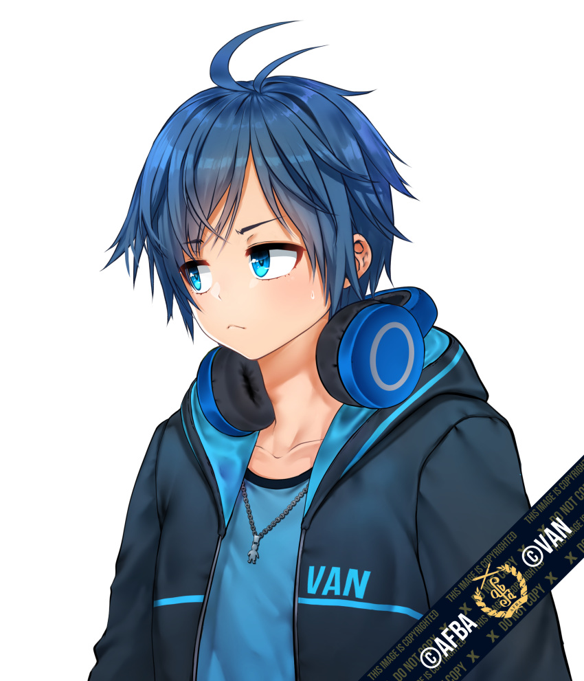 1boy absurdres afba bangs blue_hair blush collarbone commission ears english_commentary english_text eyebrows_visible_through_hair frown hair_between_eyes headphones headphones_around_neck highres hood hood_down hoodie jewelry looking_to_the_side necklace original short_hair short_sleeves simple_background unhappy white_background