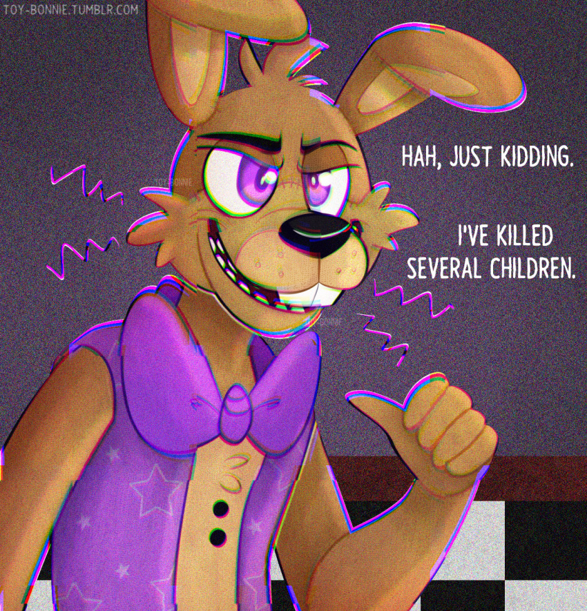 2020 anthro big_bow_tie big_teeth black_eyebrows black_nose bow_tie brown_body brown_fur buckteeth checkered_wall close-up clothed clothing dialogue english_text eyebrows five_nights_at_freddy's five_nights_at_freddy's_vr:help_wanted fnaf_vr_help_wanted fur gesture glitchtrap half-closed_eyes hi_res lagomorph leporid long_ears male mammal multicolored_body multicolored_fur narrowed_eyes open_mouth pointing pointing_at_self purple_eyes rabbit skinny smile solo standing stitch_(disambiguation) tan_body tan_fur teeth text thin_eyebrows toony topwear toy-bonnie vest video_games whiskers