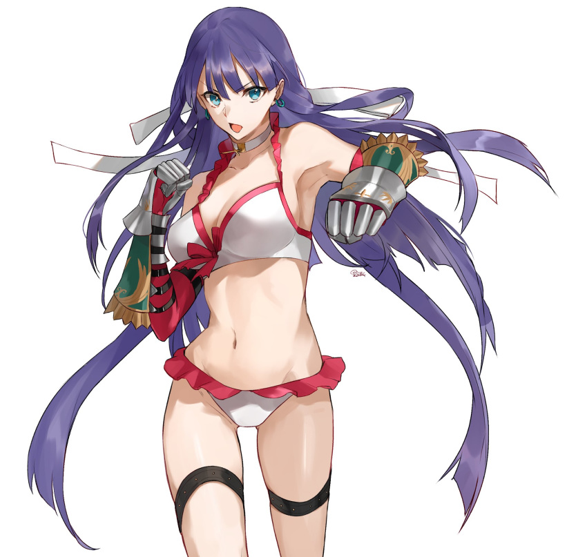 1girl bangs bikini blue_eyes breasts choker cleavage cowboy_shot earrings fate/grand_order fate_(series) fighting_stance gauntlets highres hoshi_rasuku jewelry long_hair looking_at_viewer navel open_mouth purple_hair saint_martha saint_martha_(swimsuit_ruler)_(fate) swimsuit thighs very_long_hair white_background white_bikini white_choker white_swimsuit