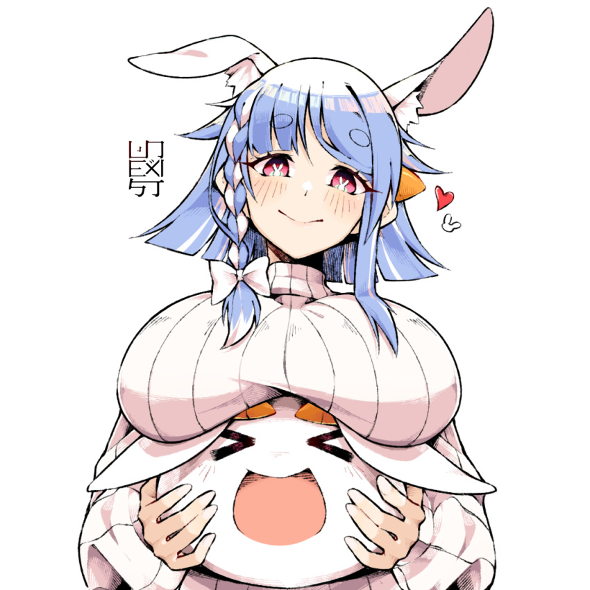 &gt;_&lt; 1girl :d animal_ears artist_logo blue_hair blunt_ends bow braid breast_rest breasts bunny-shaped_pupils bunny_ears carrot_hair_ornament food_themed_hair_ornament hair_bow hair_ornament heat holding_another hololive huge_breasts multicolored_hair nousagi_(usada_pekora) open_mouth pekomama ribbed_sweater short_hair_with_long_locks side_braid sidelocks simple_background smile solo streaked_hair sweater turtleneck turtleneck_sweater unexistarts white_background white_sweater xd
